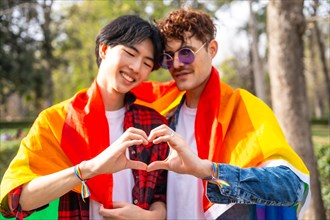 Multi-ethnic gay couple joining hands to form heart shape standing in a park