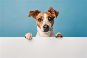 Errier dog with large empty white sign in front of blue studio background. KI generiert, generiert,