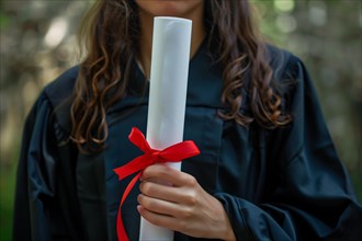 Degree paper certificate roll with red ribbon held by young woman in graduation robe. KI generiert,