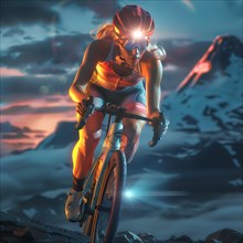 Mountain biker in action at dusk with striking mountain panorama in the background, AI generated