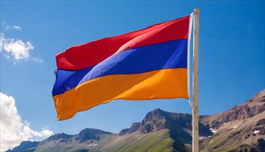 The flag of Armenia flutters in the wind, isolated against a blue sky