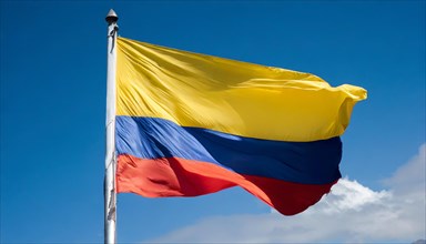 The flag of Colombia flutters in the wind, isolated against a blue sky