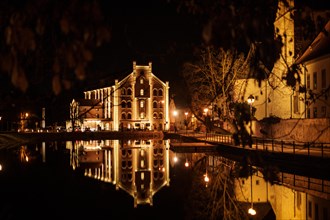 Night, lighting, Old Town, reflection, idyllic, tourist attraction, sightseeing, town hall, river,