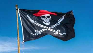 The pirate flag flutters in the wind, isolated against the blue sky