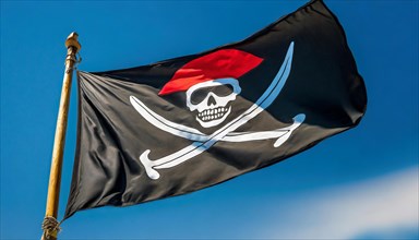 The pirate flag flutters in the wind, isolated against the blue sky