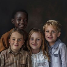 Four happy children of different ethnicities pose smiling for a warm portrait, group picture with