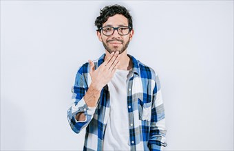 Person making THANK YOU gesture in sign language isolated. Man showing THANK YOU gesture in sign