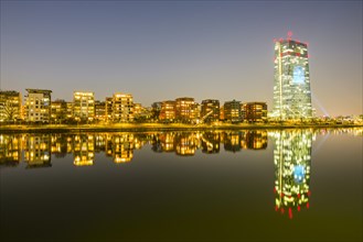 European Central Bank, ECB, at dusk, blue hour, harbour park, Frankfurt am Main, Hesse, Germany,