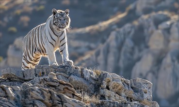 A white tiger standing tall on a rocky outcrop AI generated