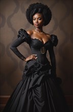 Beautiful african american woman wearing black dress and jewellery. ai generative, AI generated