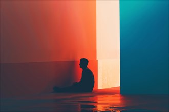 Silhouette of a seated person surrounded by an intense colour gradient, loneliness, depression, AI