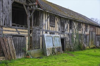 Half-timbered house, barn in the village of Lesmont, Aube department, Grand Est region, France,