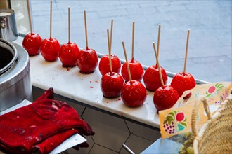 Candied apples in a shop in Sitges, Spain, Europe