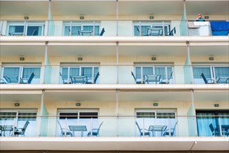 Balconies of a hotel on the seafront promenade in Sitges, Spain, Europe