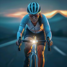 Cyclist riding at dusk, the light of the bicycle illuminates the road, AI generated