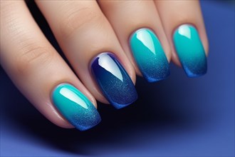 Woman's fingernails with blue nail polish. KI generiert, generiert, AI generated