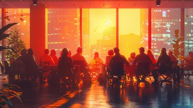 Silhouetted diners at a long table with a warm, urban backdrop illuminating the setup, AI generated