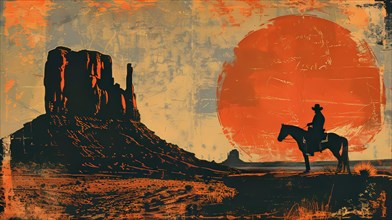 A lone cowboy on horseback silhouetted against a sunset in a vast desert landscape, ai generated,