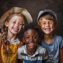 Three cheerful children in casual clothes and stylish hats share a hearty laugh, group picture with