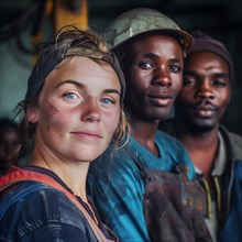Three young workers in dirty work clothes look seriously and trustingly into the camera, group