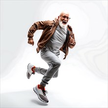 Older man in casual clothes running with a smile on a white background, start running, advertising,