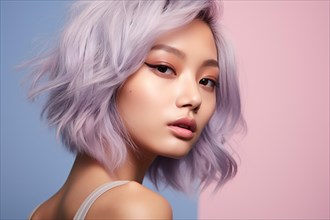 Asian woman with pastel violet dyed hair. KI generiert, generiert, AI generated