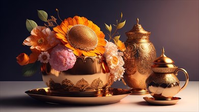 3d illustration of golden vase with flowers and teapot, AI generated