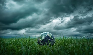 An Earth globe on a grassy meadow with a dramatic cloudy sky as the backdrop AI generated