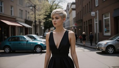 Beautiful young woman in a beautiful dress on the street of the city. ai generative, AI generated