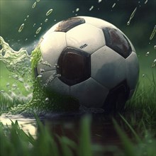 Close-up of a soccer ball hitting a puddle, water splashing around in vibrant natural setting, AI