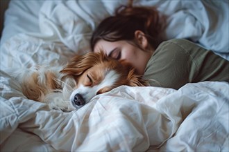 Dog seeping with human owner in bed, KI generiert, generiert, AI generated