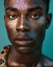 Portrait of african american person with dark skin and golden glitter, having a compelling