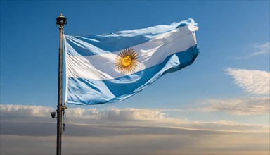 The flag of Argentina flutters in the wind, isolated against a blue sky