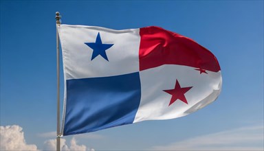 The flag of Panama flutters in the wind, isolated against a blue sky