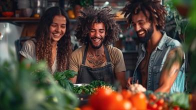 Joyful friends sharing a laugh while preparing food with fresh greens in a kitchen, AI generated