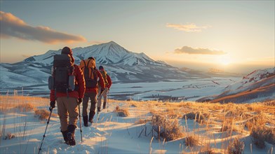 Hikers traversing a snow-covered landscape during the golden hour of sunset, AI generated