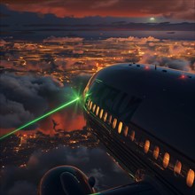 Flight over an illuminated city with green laser beams and clouds at night, laser attack on an