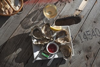 Fresh oysters with lemon and wine served on a rough wooden table, lionks fresh baguette, Atlantic