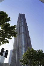 Jin Mao Tower, nicknamed The Syringe at 420 metres, futuristic skyscraper with pronounced geometric