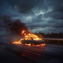 A car is on fire on a road at night, dark sky in the background, AI generated
