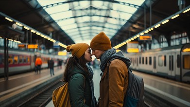 A couple is about to kiss at a train station. AI generated