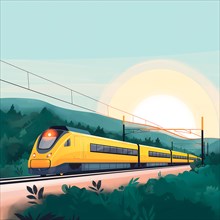 A yellow high-speed train at sunset. AI generated