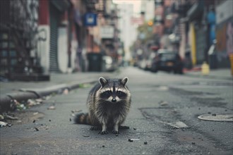 Wild racoon in city street. KI generiert, generiert, AI generated