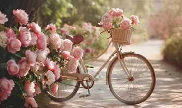 A vintage bicycle adorned with peony flowers in a basket AI generated