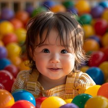 A happy child in a vibrant ball pit looking playful and curious, AI Generated, AI generated