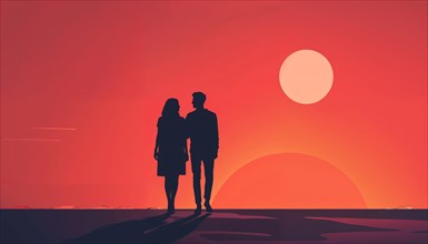 Silhouettes of a couple in front of a bright orange sunset by the sea, romantic, AI generated, AI