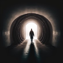 Silhouette of a man stands at the bright end of a dark, arching tunnel, symbolizing hope, AI