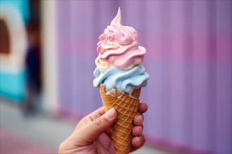 Hand holding soft serve ice cream with pastel colors. KI generiert, generiert, AI generated