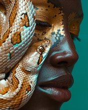 Side view of a woman with golden flakes on her skin and a snake coiled close, blurry teal turquoise