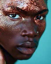 Portrait of a person with dark skin and shimmering gold flakes, blurry teal turquoise solid
